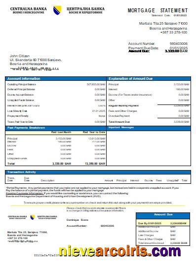 Bosnia and Herzegovina Central Bank mortgage statement
